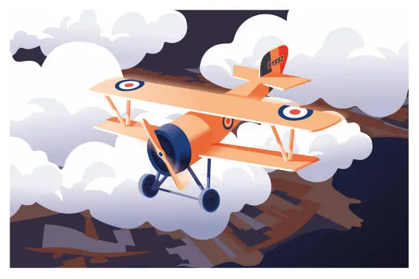 Vector illustration of the vintage biplane in clouds