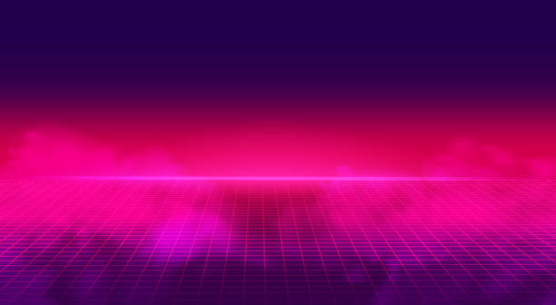 80s Retro Futuristic Sci-Fi Illustration. Retrowave Video Game Landscape With Neon Grids