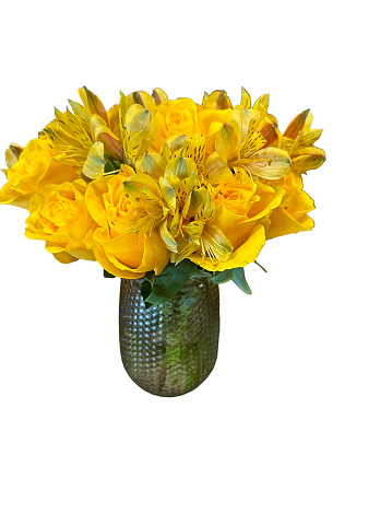 White vase with beautiful yellow tulips isolated on white