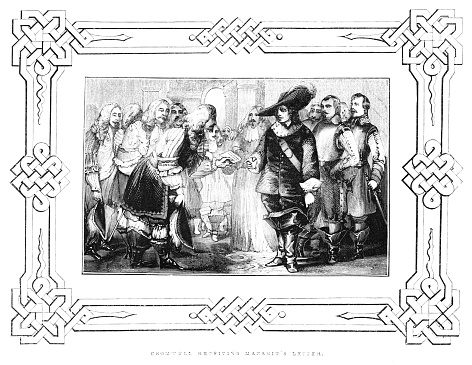 Cromwell receives French Cardinal Mazarin's letter December 4, 1657.  Oliver Cromwell (April 25, 1599 – September 3, 1658) was Lord Protector of England Scotland and Ireland after the defeat of King Charles I in the Civil War. He was one of the main signatories on Charles I's death warrant. After the execution of King Charles I, Cromwell led Britain.17th Century British History. Woodcut engraving published 1846. Original edition is from my own archives. Copyright has expired and is in Public Domain.