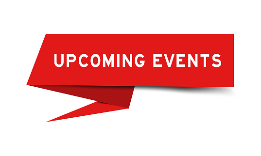 Red color speech banner with word upcoming event on white background