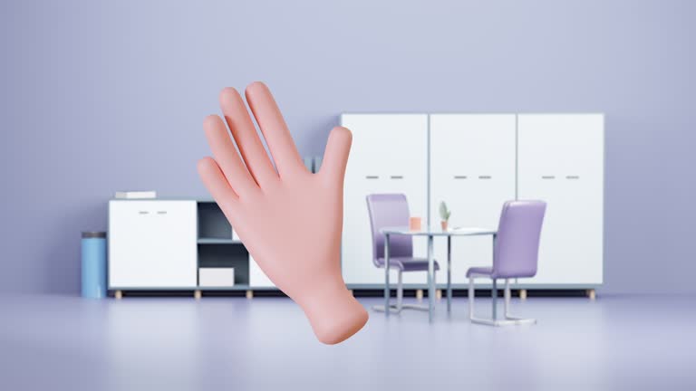 3d Animation cartoon Close up male hands make bye bye sign. Goodbye or greeting on office background. 4K Resolution.