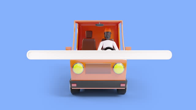 3d Animation cartoon searching tab with van driver background.
