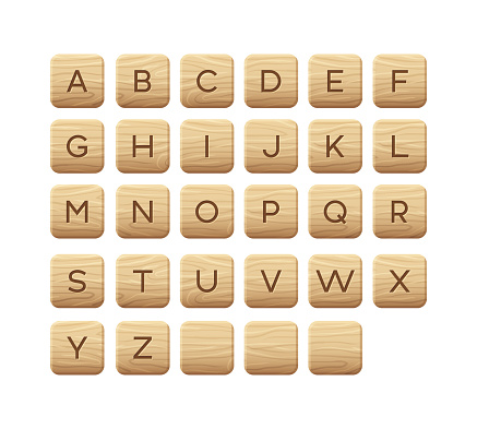 Wooden tiles alphabet. Square block with letters. Game asset, puzzle or crossword games UI, vector illustration.