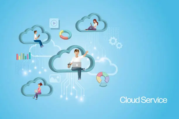 Vector illustration of People working on cloud computing, digital data storage network service. Download, upload and transfer data with wireless cloud technology. 3D vector.