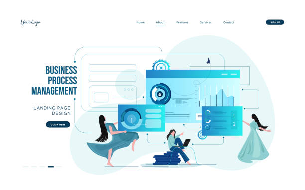 stockillustraties, clipart, cartoons en iconen met business process efficiency team metaphor banner - bedrijfsproces