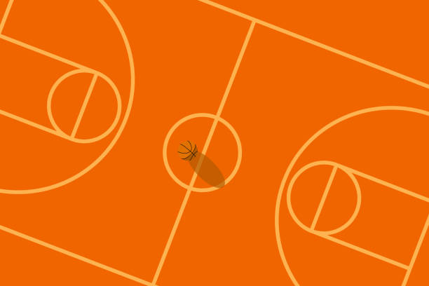 sport vektorillustration eines basketballplatzes mit einem ball und schatten auf dem boden oranger hintergrund, keine personen abstrakter hintergrund grafik website karte poster kalenderdruck - gerichtsgebäude stock-grafiken, -clipart, -cartoons und -symbole