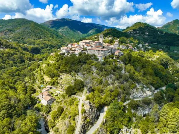 Aerial view of Antraigues sur Volane village in Ardeche, south of France, Europe