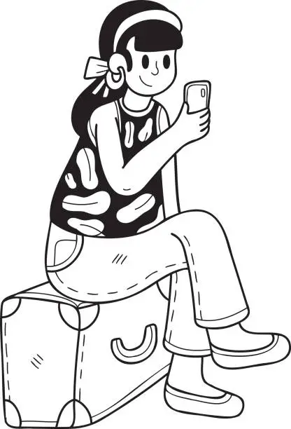 Vector illustration of Hand Drawn Female tourist with suitcase and smartphone illustration in doodle style