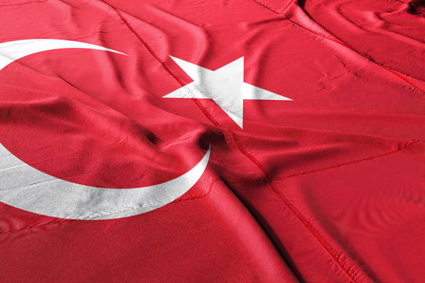 Turkey flag waving in the wind against blue sky. 3D rendering.