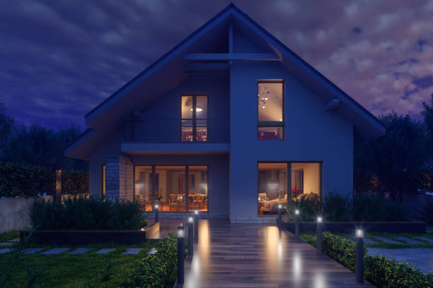 Modern Villa Exterior At Night Modern Villa Exterior At Night landscape lighting stock pictures, royalty-free photos & images