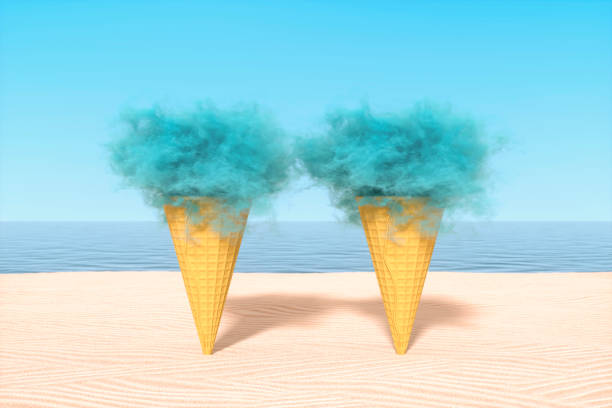 Ice cream cone with cloud on beach minimal surreal summer background, 3d render.