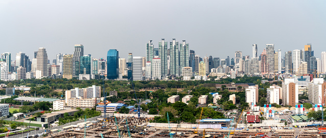 Panoramic view of cityscape and construction site in metropolis . Real estate development in downtown business district .