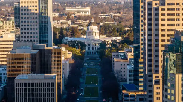 High quality aerial stock photos of downtown Sacramento State Capitol Building.