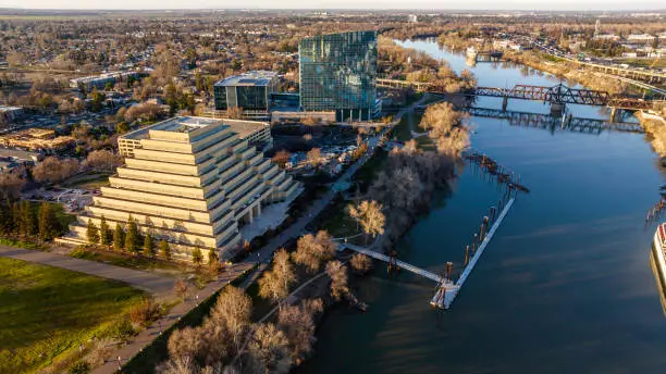 High quality aerial stock photos of downtown Sacramento River and the Office and a unique building nicknamed "The Ziggurat" which houses the State Office of General Services.