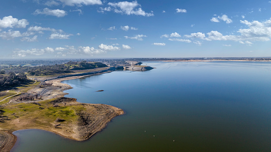 Folsom California, USA - February 8, 2023: Aerial view of the Folsom Lake reservoir in Folsom, California, one of the largest reservoirs in the state.
