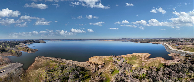 Folsom California, USA - February 8, 2023: Aerial view of the Folsom Lake reservoir in Folsom, California, one of the largest reservoirs in the state.