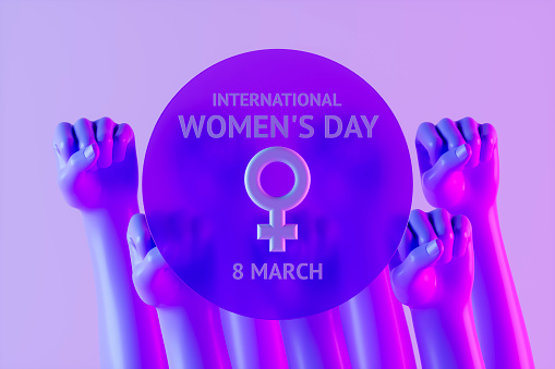 Women's Day 8 March greeting card with woman fist, 3d render