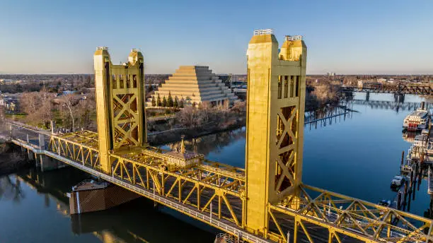 High quality aerial stock photos of downtown Sacramento River, Tower Bridge and a unique building nicknamed "The Ziggurat" which houses the State Office of General Services.