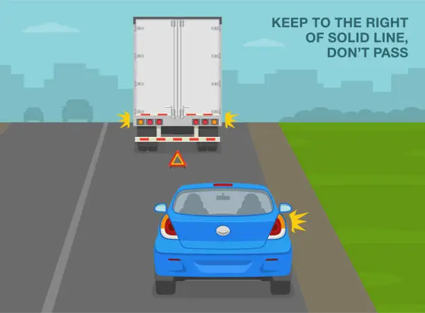 Vector illustration of Keep to the right of solid line, do not pass. Back view of a broken down truck which blocked the road.