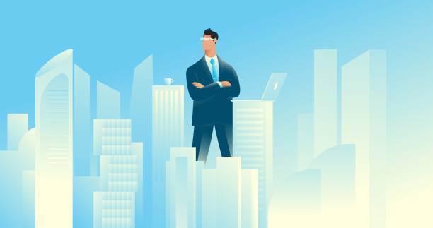 illustrazioni stock, clip art, cartoni animati e icone di tendenza di uomo d'affari gigante in piedi nell'illustrazione della città - wall street finance skyscraper business