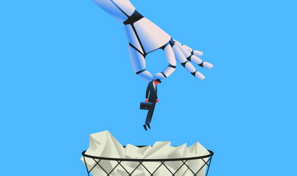 Giant robot throwing man in a trash can Giant robot throwing man in a trash can. Artifical intelligence replacing jobs concept. Vector illustration. ai stock illustrations
