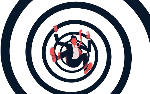 Man faalling into a spiral hole. Vertigo, thriller or depression concept. Vector illustration.