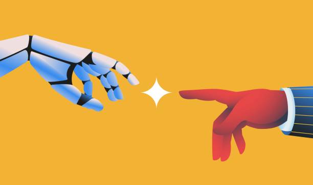 Robot hand touching human hand illustration Robot hand touching human hand. Artifical intelligence concept. Vector illustration. ai stock illustrations