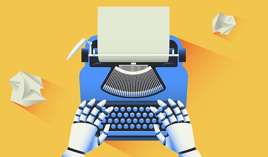 Robot typing text on a typewriter. Artificial intelligence generated text and future of journalism concept. Vector illustration.