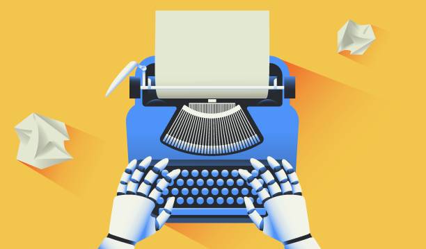 Robot typing on a typewriter illustration Robot typing text on a typewriter. Artificial intelligence generated text and future of journalism concept. Vector illustration. reporting stock illustrations