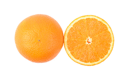 whole and half of orange isolated on white background