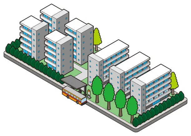 Vector illustration of A three-dimensional illustration of a building. Cityscape view.