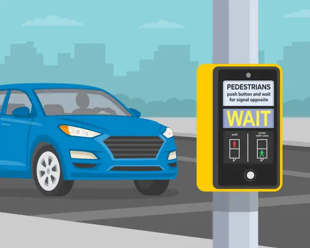 Vector illustration of Close-up view of a traffic light switch button. Blue sedan suv car stopped at traffic light.