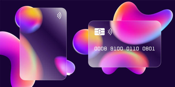 istock Glass morphism credit card template with floating multicolor rainbow shapes. 1466256009