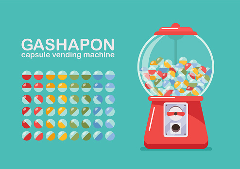 Toy vending machine. Gumball machine. Gacha Gacha Toy Capsule. Vector illustration