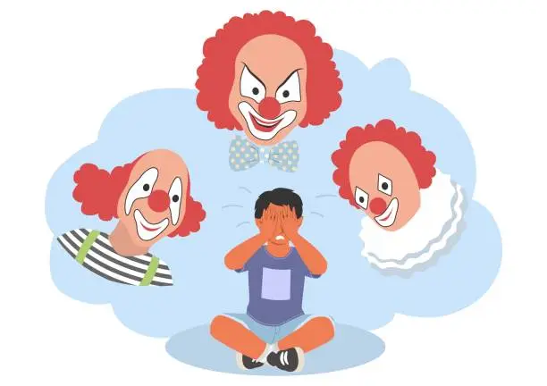 Vector illustration of Child fears vector little boy afraid of clowns