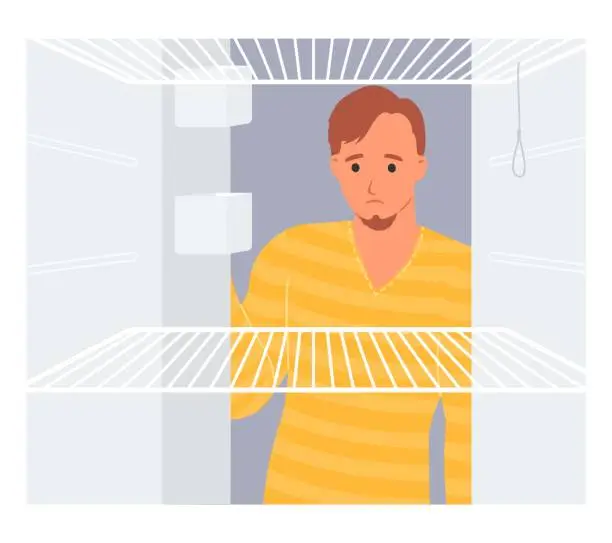 Vector illustration of Sad man looking inside empty refrigerator vector