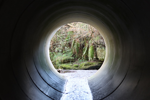 View through a round concrete tunnel carrying a stream beneath a road
