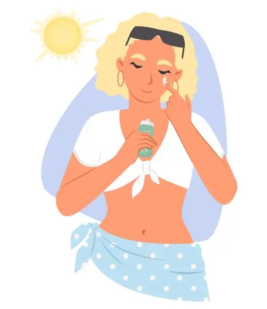 Vector illustration of Vector lady using sunscreen applying cream on face