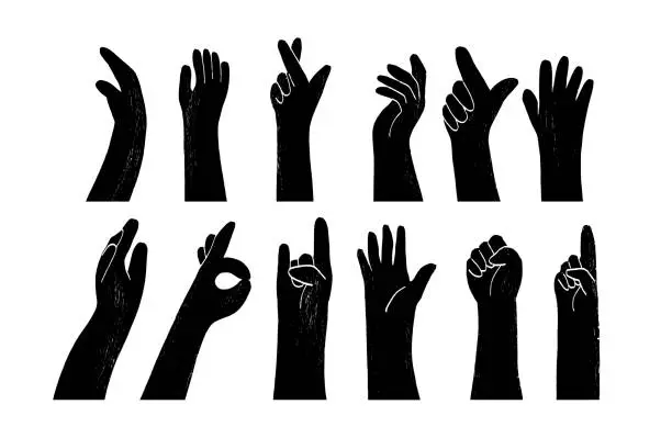 Vector illustration of Abstract Ink hands poses. Hand holding and pointing gestures, fingers crossed, fist, peace and thumb up. Simple, flat design. Patterns and backgrounds. For poster, cover, banner.