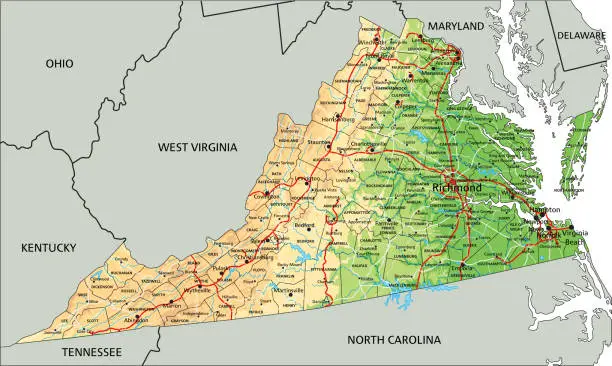 Vector illustration of High detailed Virginia physical map with labeling.