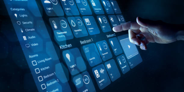 Smart home dashboard interface with person touching a button to control connected devices and set up automation technology. Using smart assistant for wireless accessories on virtual screen HUD. interfaz de tablero de inicio inteligente con una persona que toca un botón para controlar los dispositivos conectados y configurar la tecnología de automatización. uso de asistente inteligente para accesorios inalámbricos en hud de pantalla virtual.