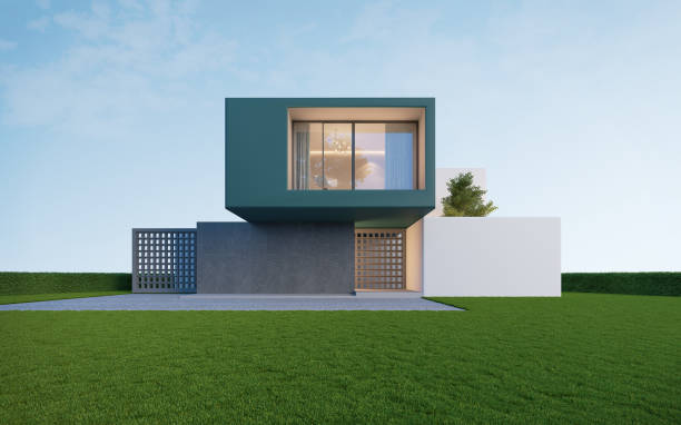 istock Boxes modern house with lawn grass and blue sky.3d rendering 1466262441