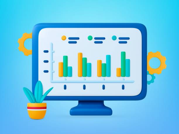 istock Office 3d monitor screen icon with infographics. Computer and plant, manager analytics graphs. Business financial vector render concept 1466265984