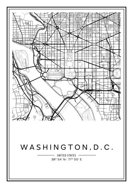 Vector illustration of Black and white printable Washington, D.C. city map, poster design, vector illistration.