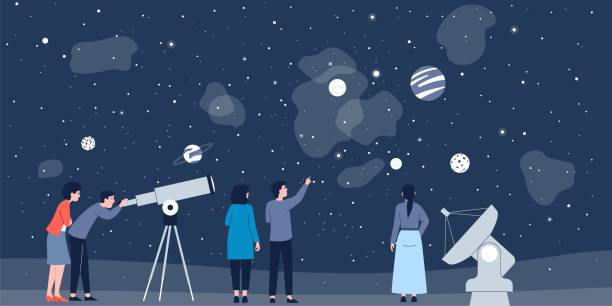 Astronomy science explorer. People studying mysterious constellation and watching space in telescope. Explore universe and planets recent vector scene Astronomy science explorer. People studying mysterious constellation and watching space in telescope. Explore universe and planets recent vector scene of astronomy education galaxy illustration starry sky telescope stock illustrations