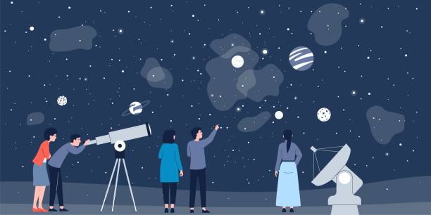 Astronomy science explorer. People studying mysterious constellation and watching space in telescope. Explore universe and planets recent vector scene Astronomy science explorer. People studying mysterious constellation and watching space in telescope. Explore universe and planets recent vector scene of astronomy education galaxy illustration astronomy stock illustrations