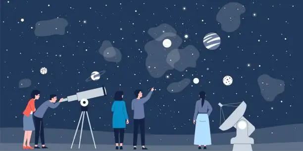 Vector illustration of Astronomy science explorer. People studying mysterious constellation and watching space in telescope. Explore universe and planets recent vector scene