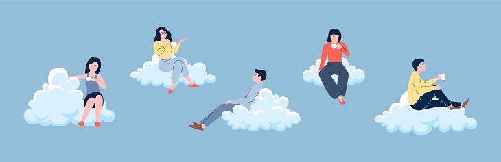 Business people relax on fluffy clouds and drink coffee or tea. Office team rest, meditation in lunch time. Women men dream, vector characters relaxation, freedom in sky illustration