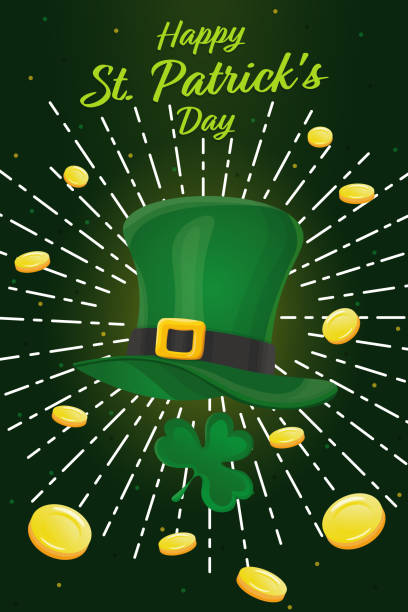 ilustrações, clipart, desenhos animados e ícones de bandeira do dia de são patrício com moedas de ouro, chapéu verde e folha de trevo - saint patricks banner green beer patrick leprechaun hat